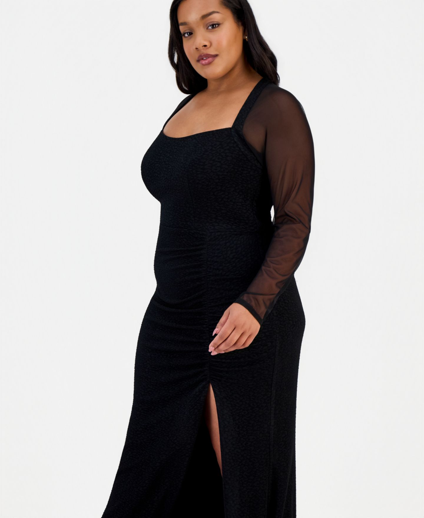 Женские платья City Studios Trendy Plus Size Mesh-Sleeve High-Slit Gown, цвет: Чёрный — фото 3