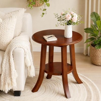 Round End Table,2-Tier Solid Wood Side Table, Accent Table
