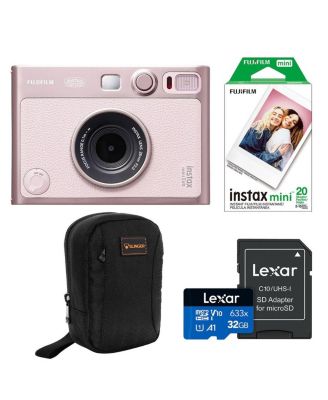 Instax Mini Evo Instant Film Camera, Pink WITH FUJIFILM INSTAX MINI FILM TWIN PACK(20), SLINGER ALPINE 2 CAMERA BAG, AND LEXAR HP 633X MCROSD