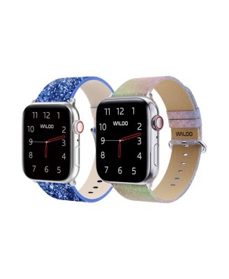 Waloo 2 Pack Leather Bling & Shiny Brilliance Replacement Band for Apple Watch - Blue bling + rainbow brilliance