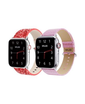 Waloo 2 Pack Leather Bling & Shiny Brilliance Replacement Band for Apple Watch - Red bling + pink brilliance