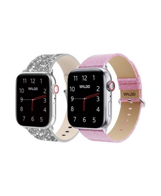 Waloo 2 Pack Leather Bling & Shiny Brilliance Replacement Band for Apple Watch - Silver bling + pink brilliance