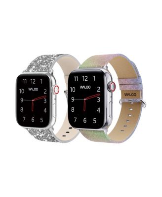 Waloo 2 Pack Leather Bling & Shiny Brilliance Replacement Band for Apple Watch - Silver bling + rainbow brilliance