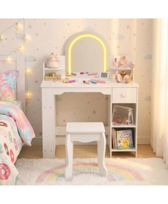 LED Lighted Kids Vanity Table with Mirror, Stool, Bookshelf and Storage – Princess Wooden Makeup Desk for Girls Bedroom or Playroom