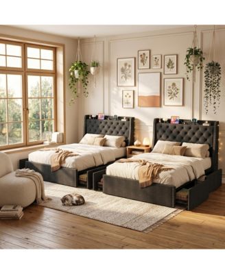 2 piece Upholstered Platform Bed Frame with Wingback Headboard, 4 Storage Drawers, Built-in USB, Sturdy Wood Slats, Space-Saving, Easy Assembly