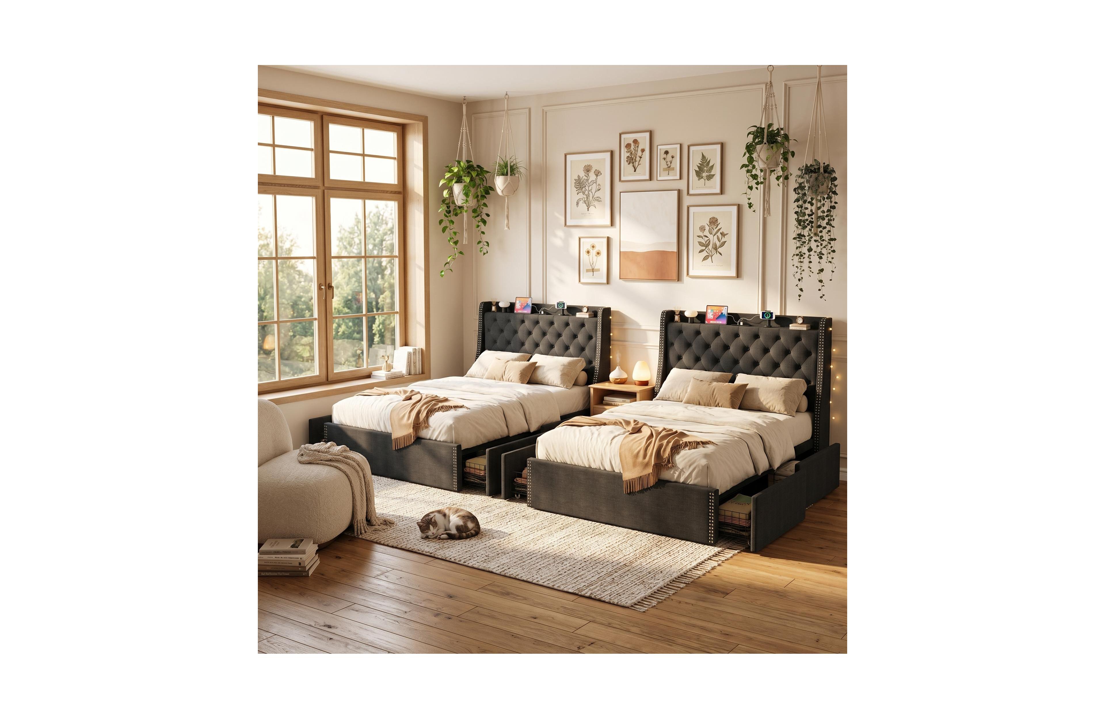 homfan 2 piece Upholstered Platform Bed Frame with Wingback Headboard, 4 Storage Drawers, Built-in Usb, Sturdy Wood Slats, Space-Saving