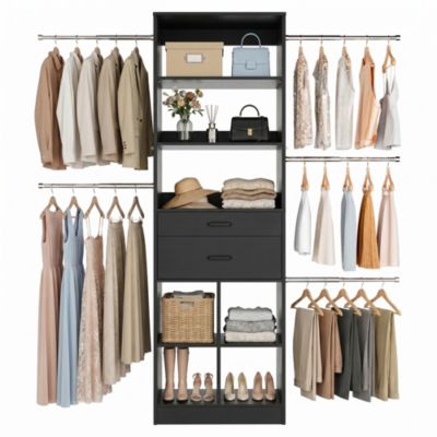 Wooden Closet Organizer with 2 Drawers and 5 Haning Rods
