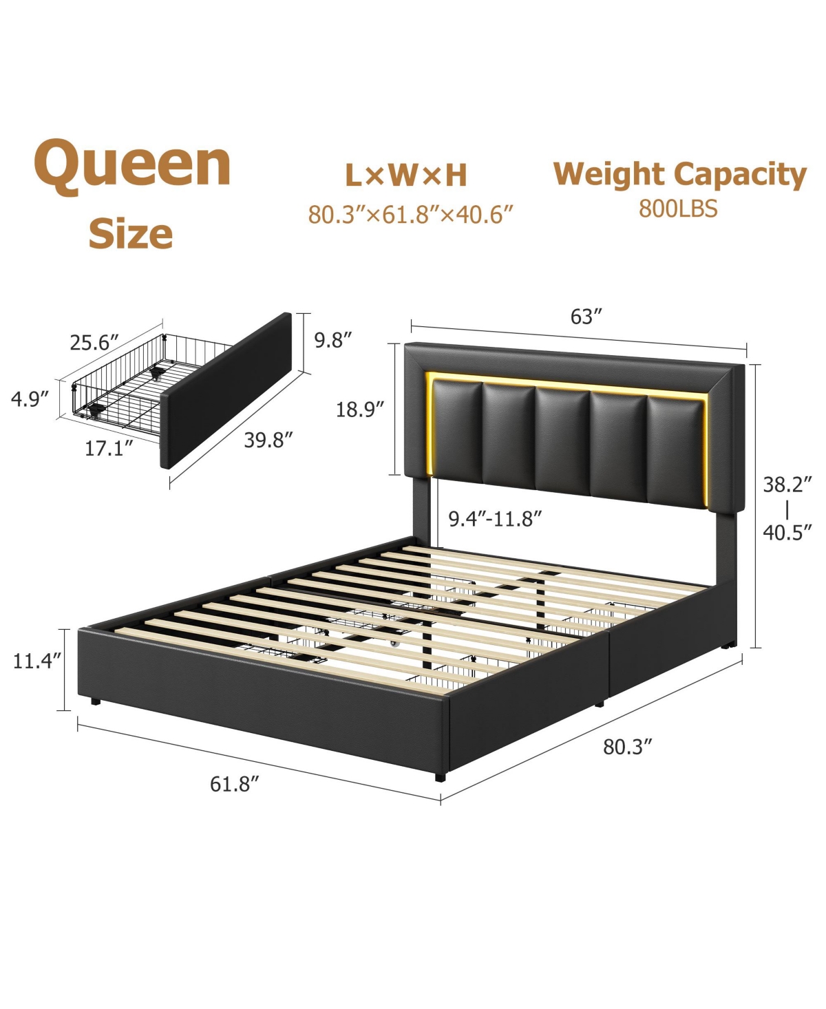 Homfan Led Bed Frame with 4 Drawers, Pu Leather Platform Charging Station for Bedroom