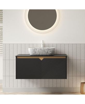 Wall Mounted Bathroom Vanity with Sintered Stone Top, Volakas Marble Pattern Sink, Soft Close Doors, Modern Floating Cabinet