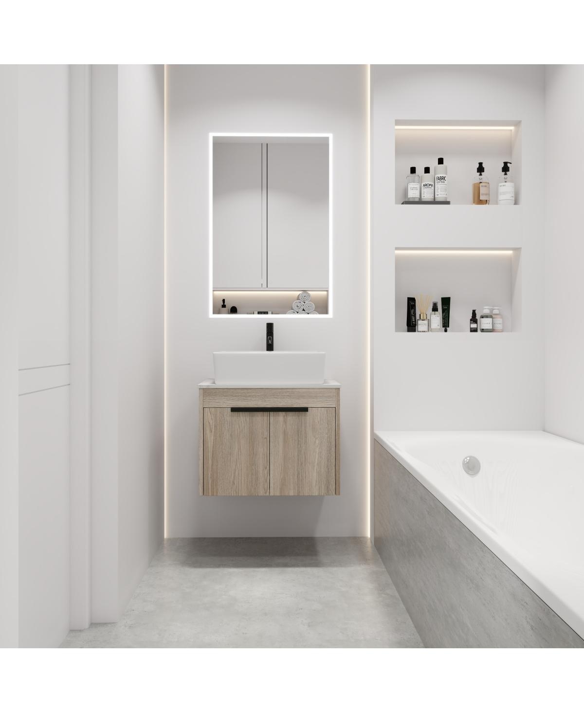 Sillysis Wall Mounted Bathroom Vanity with Ceramic Vessel Sink,Stone Top, Soft Close Doors, Modern Handle Design - Natural