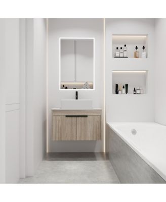 Wall Mounted Bathroom Vanity with Ceramic Vessel Sink,Stone Top, Soft Close Doors, Modern Handle Design
