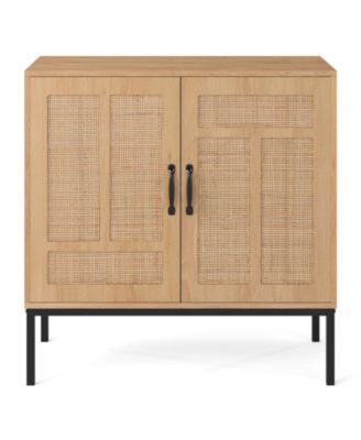31.5 x 32 inches Boho Rattan Storage Cabinet with Asymmetrical Doors and 250 lbs Capacity