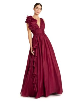 Petite Ruffle Shoulder V-Neck A-Line Evening Gown