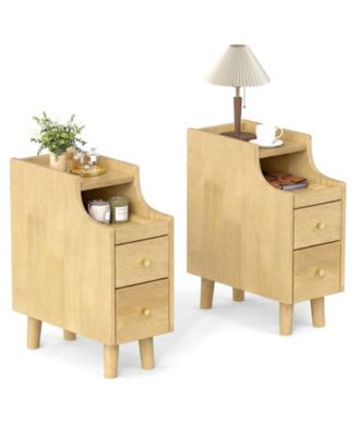 2PCS Narrow Nightstand Solid Wood End Table w/Pull-out Tray and 2 Storage Drawers