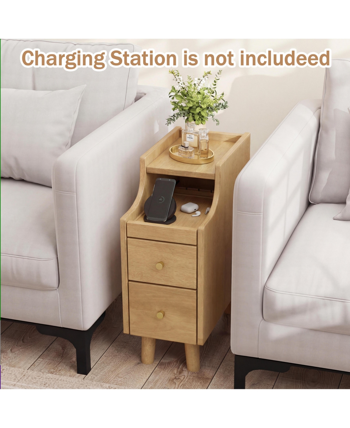 Gymax 2PCS Narrow Nightstand Solid Wood End Table w/Pull-out Tray and 2 Storage Drawers