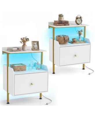2 pieces Nightstand Wall-mounted Bedside Table w/ LED Lights and Charging Station