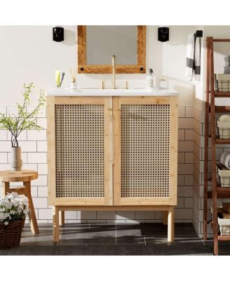 30" Rattan Bathroom Vanity With Ceramic Sink, Soft-Close Doors Overflow, Round Handles