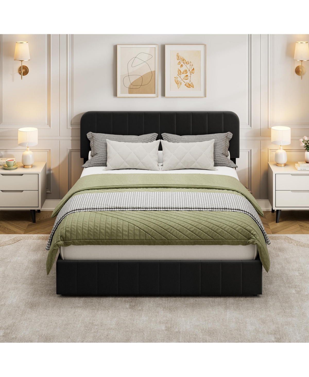 homfan Velvet Platform Bed Frame Channel Tufted Wingback Headboard Upholstered Wood Slats No Box Spring