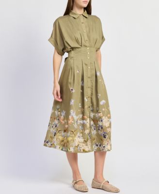 en saison green dress Women's Yvette Short-Sleeve Midi - Olive Blue Floral Olive_Green