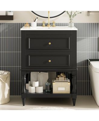 24" French White Simple Solid Wood MDF Bathroom Vanity With Ceramic Sink, 2 Drawers Adjustable Shelf, 4" Faucet Fit