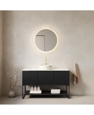 48 Inch Modern Bathroom Vanity with Sintered Stone Countertop, Ceramic Vessel Sink, Soft Close Doors, Open Shelf