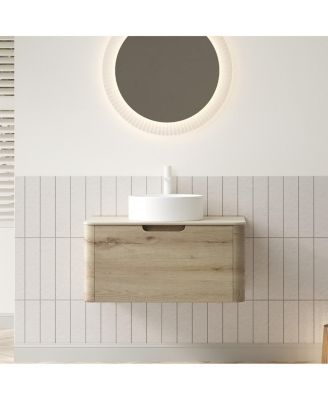 Wall Mounted Bathroom Vanity with Ceramic Round Basin, Sintered Stone Top, Soft Close Drawer, Available in 24 30 36 Inch, Pre-assembled