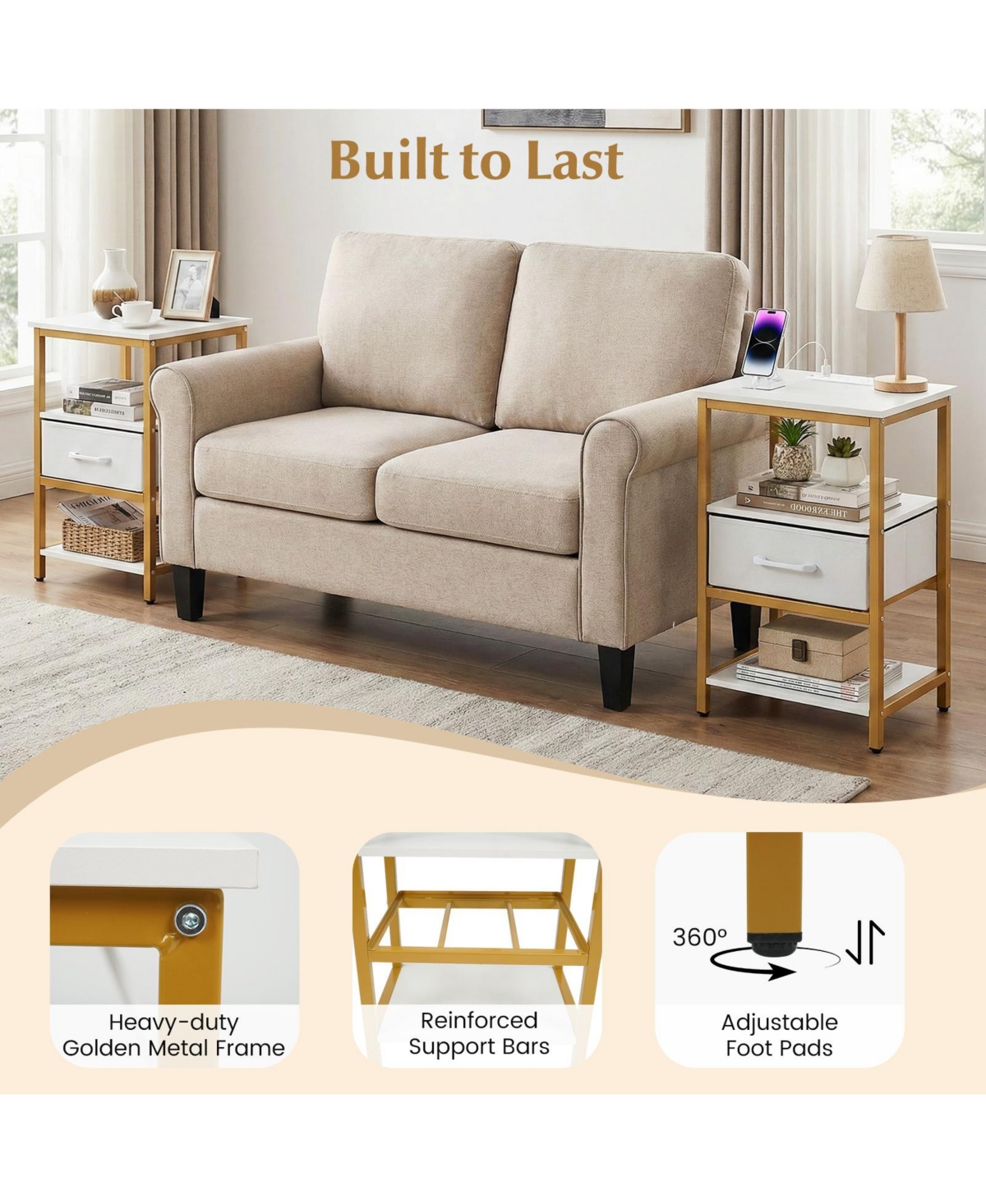 Slickblue Modern Nightstand with Adjustable Fabric Drawer and Charging Station