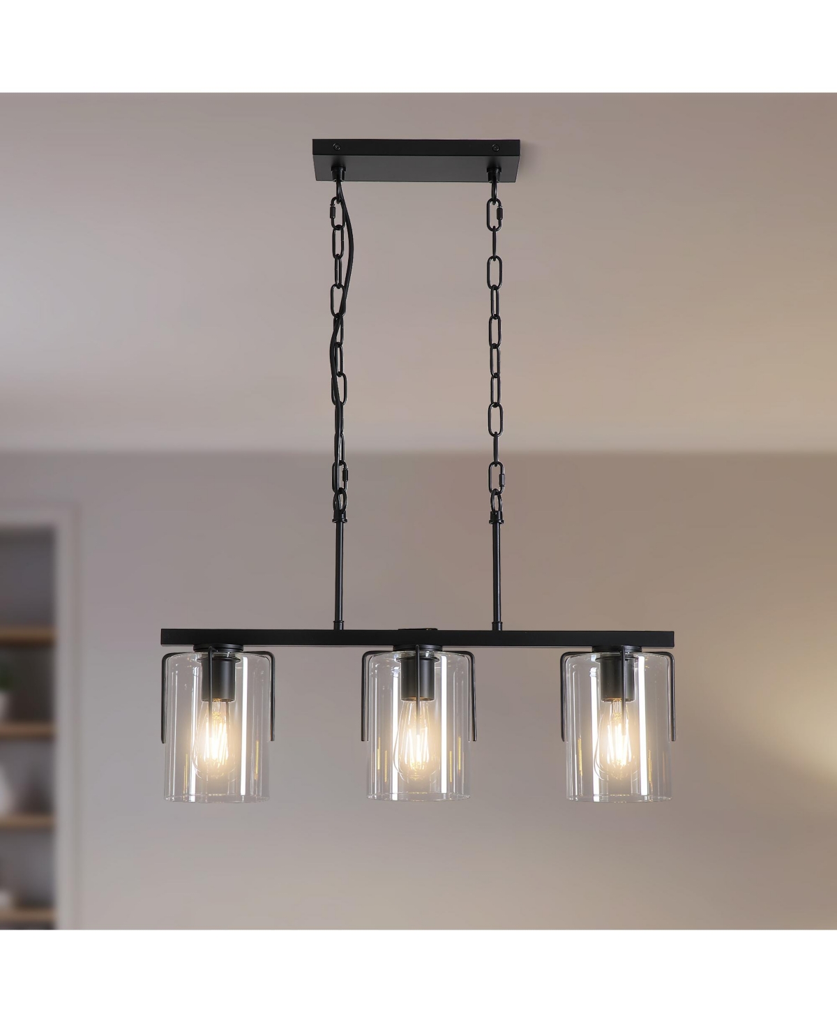 Midola 3-Light Matte Linear Pendant Light, Industrial Kitchen Island Lighting with Clear Glass Shades, Adjustable Chain Chandelier