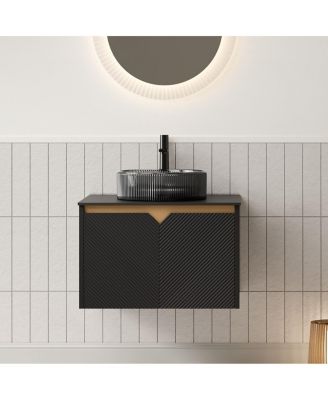 Wall Mounted Bathroom Vanity with Glass Basin, Sintered Stone Top, Soft Close Door, Modern Pre-Assembled Cabinet