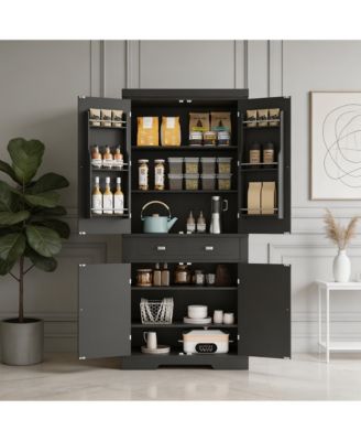 Modern Farmhouse Freestanding Pantry Cabinet, Engineered Wood Kitchen Storage Cupboard with Adjustable Shelves and Anti-Tip Design