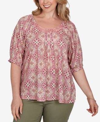 Plus Size Desert Geo Print Lace Trim Knit Top
