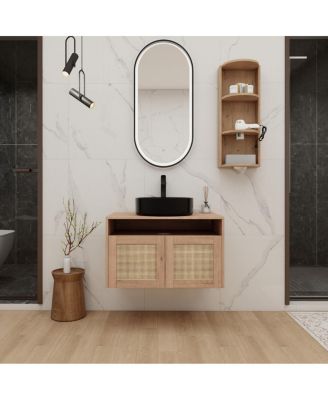 Wall Mounted Modern Bathroom Vanity Set, Vessel Ceramic Sink, Storage Rack with Open Shelves