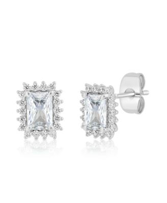 Elegant Rectangle Birthstone CZ Halo Studs