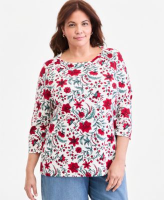 Plus Size Printed Boat-Neck 3/4-Sleeve Pima Cotton Top