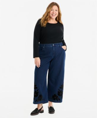 Plus Size Velvet Applique High-Rise Wide-Leg Jeans