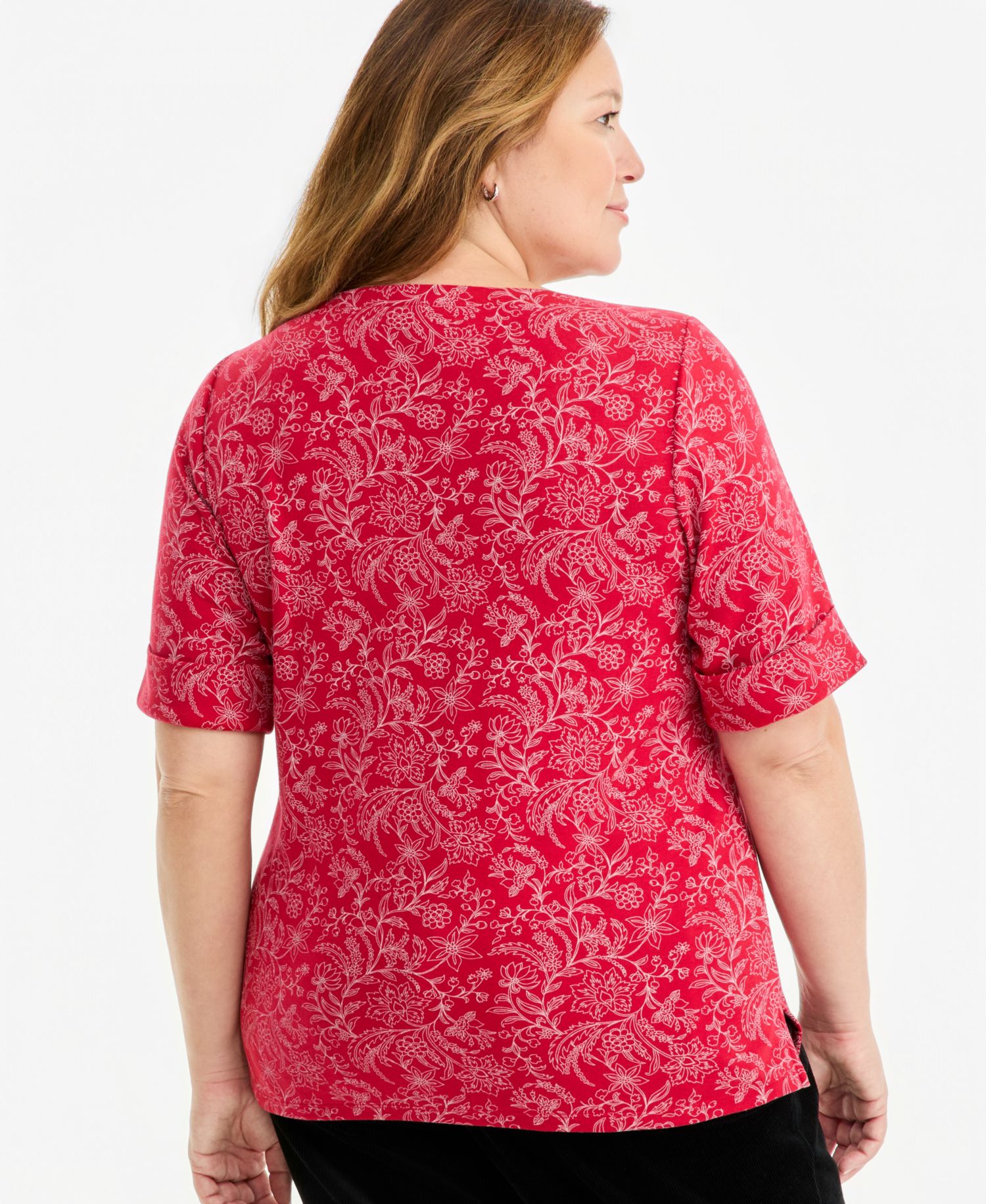 Plus Size Printed Boat-Neck Elbow Sleeve Top