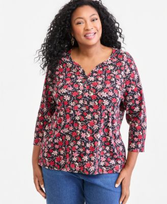 Plus Printed 3/4-Sleeve Henley Top
