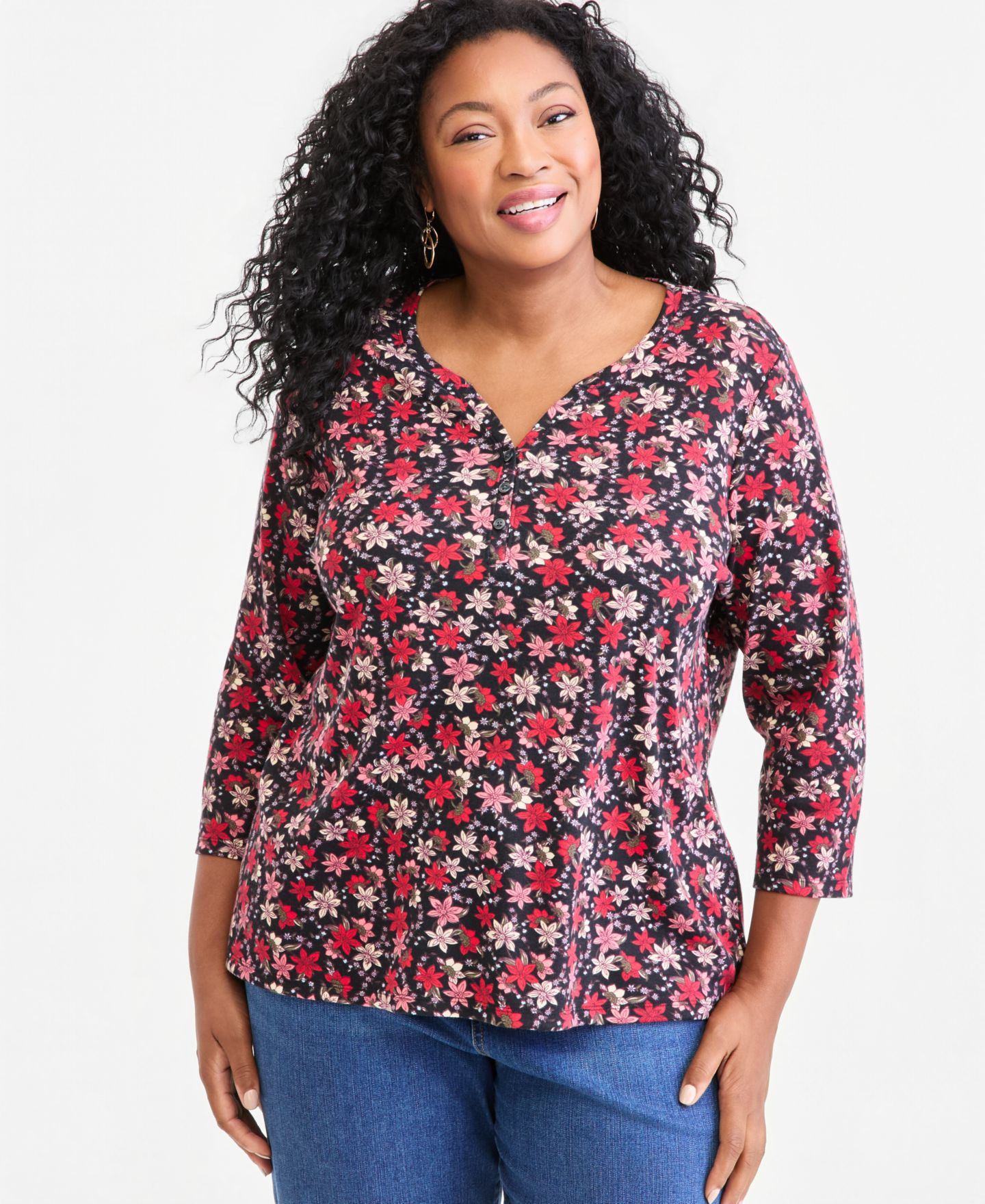 Женский топ Macy's Style & Co Printed 3/4-Sleeve Henley Top, цвет: Глубокий чёрный — фото 2