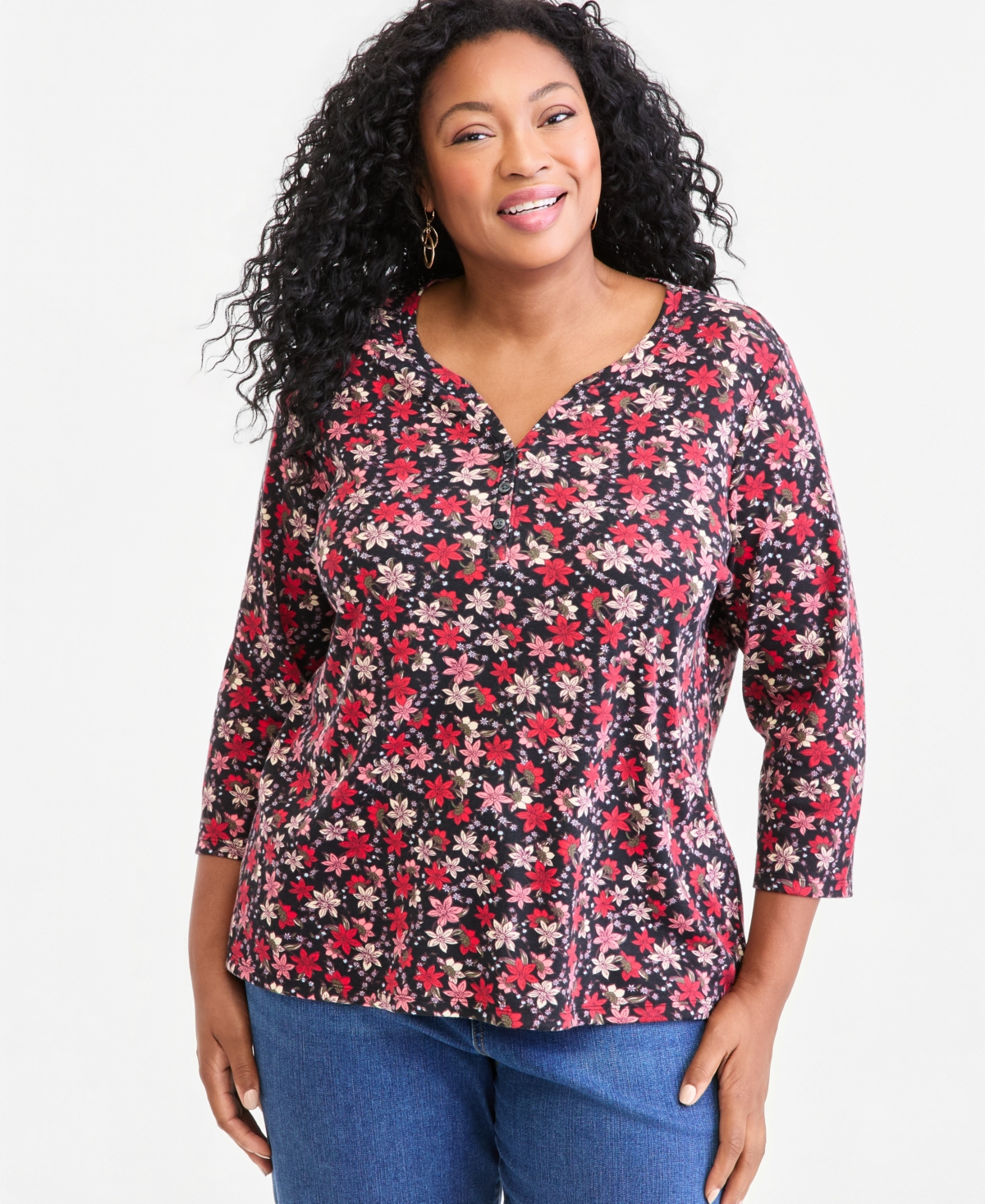 Style & Co Plus Printed 3/4-Sleeve Henley Top