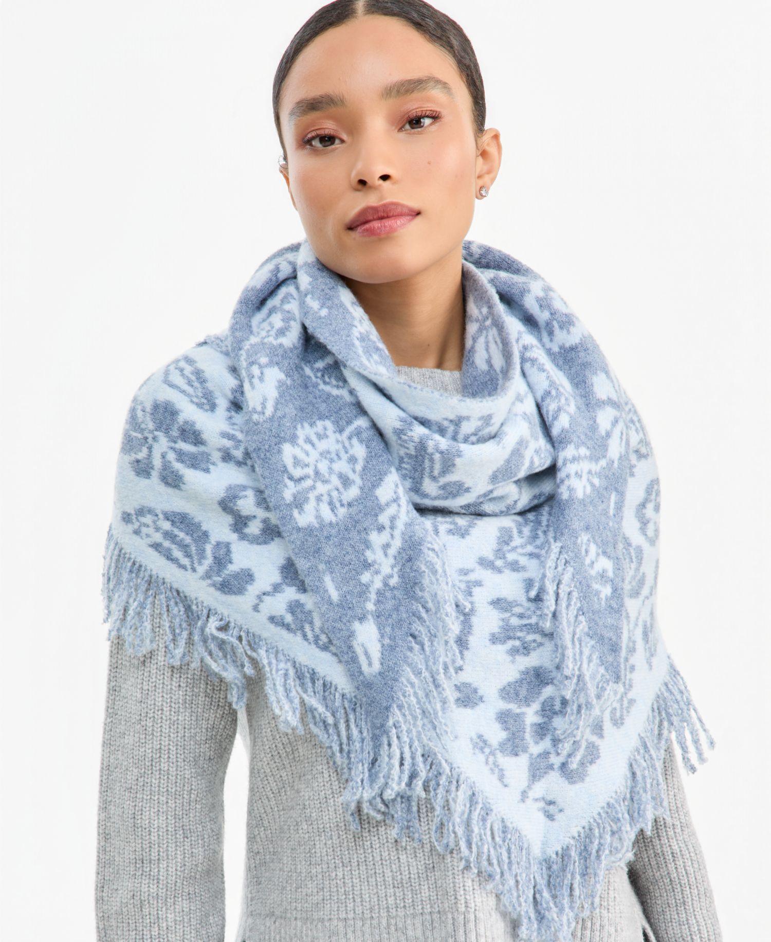 Women's Two-Tone Folk Floral Jacquard Triangle Knit Scarf