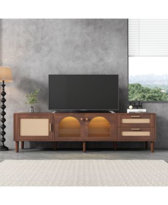 70'' LED Rattan TV Stand, with App Controlled LED Lights, for TVs up to 80'', Rattan-inspired Media Console Table, for Living room, Bedroom