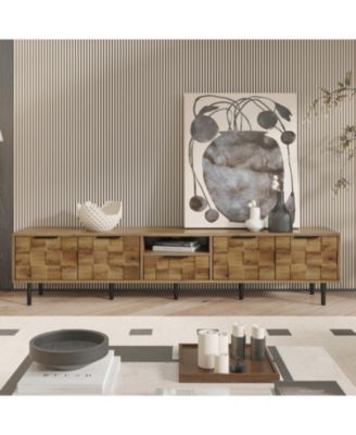 78" Modern TV Stand, for TVs Up to 85", with Checkered Cabinet Doors, Storage Drawers and Open Shelves, for Living room, Bedroom
