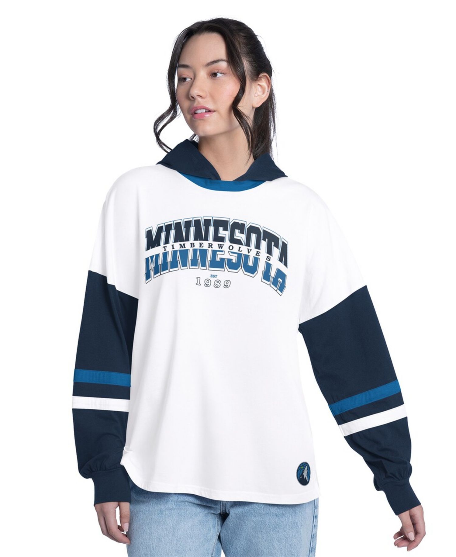 Women's White/Navy Minnesota Timberwolves Key Player Oversized Hooded Long Sleeve T-Shirt