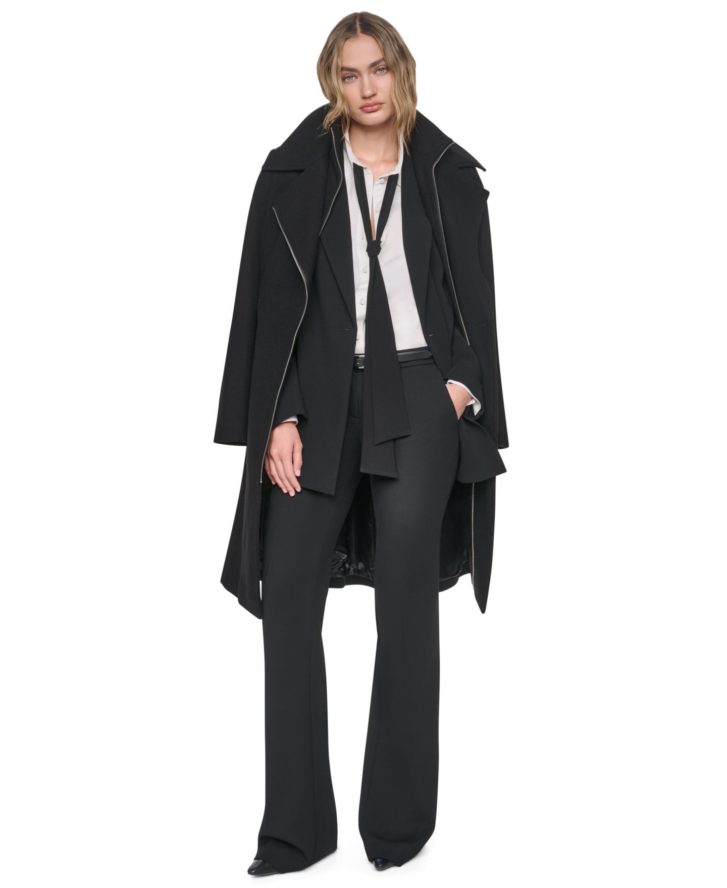 Женское пальто DKNY Faux-Leather Trimmed Asymmetrical Wrap, цвет: Чёрный, вариант 1 — фото 2