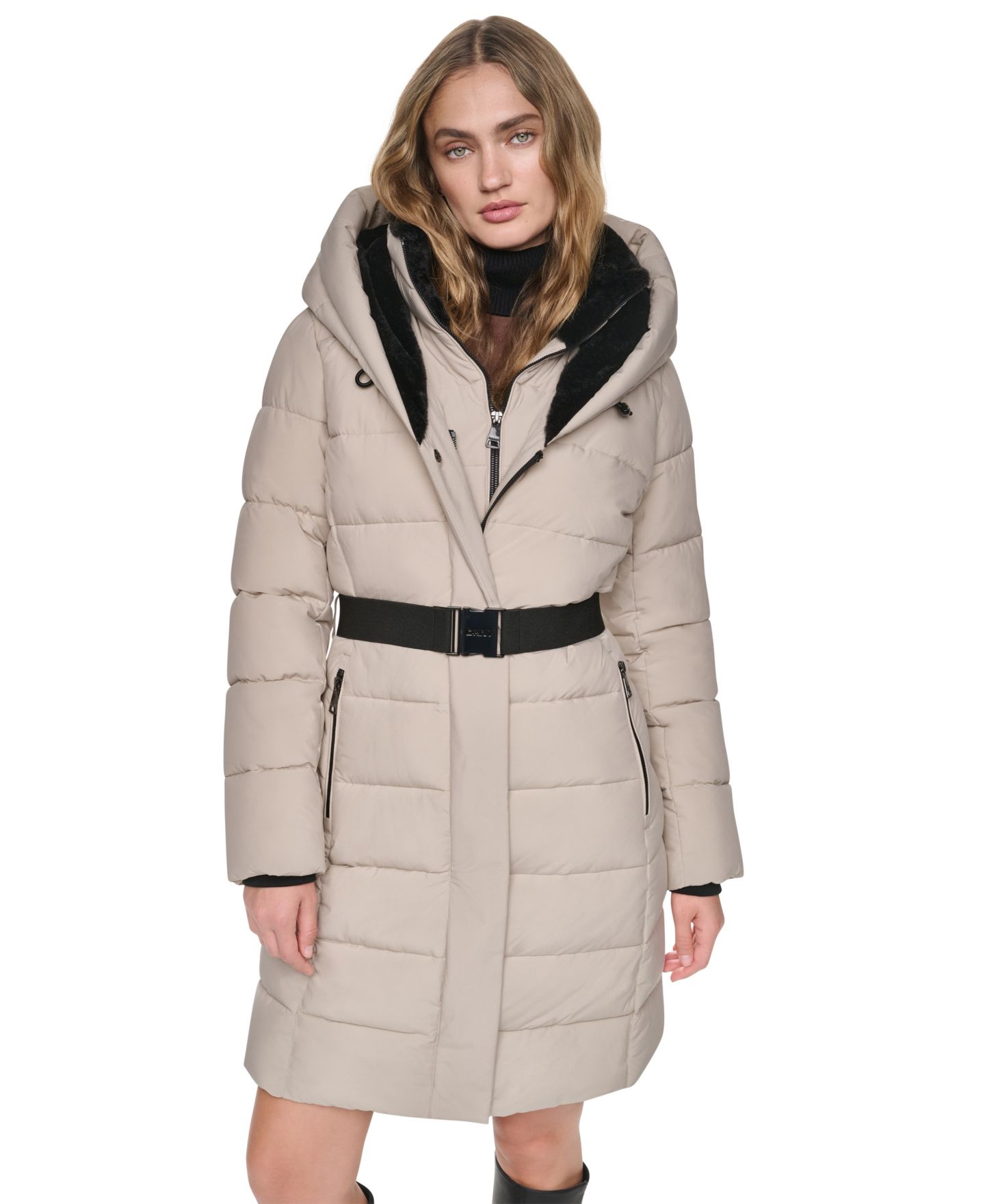 Женское пальто DKNY Walker с поясом, капюшоном и нагрудником из искусственного меха, цвет: Берёзовый — фото 3