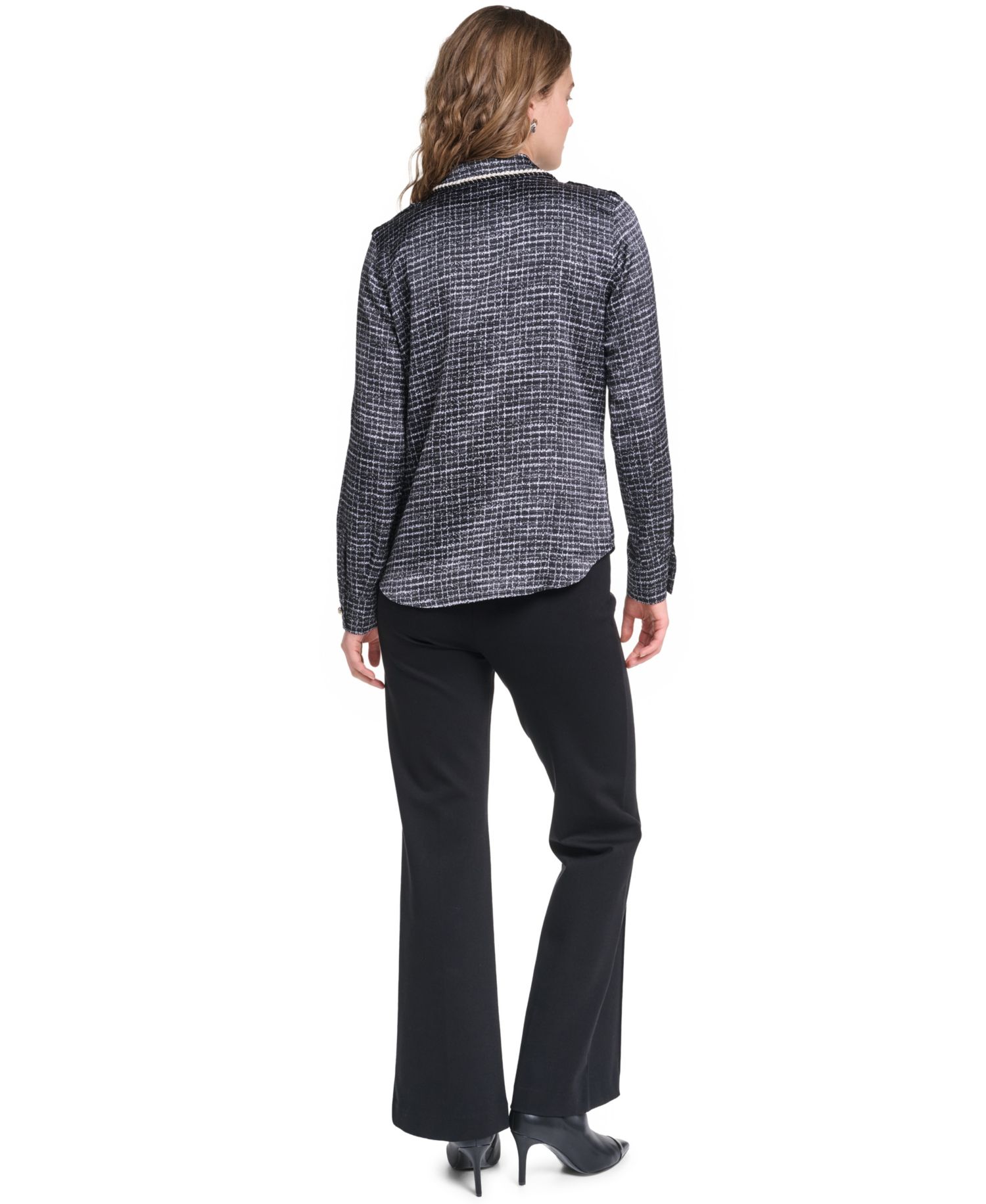 Petite Print Tweed Trim Top