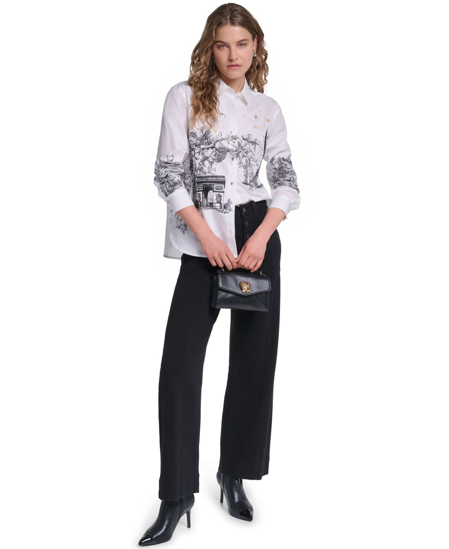Женская рубашка KARL LAGERFELD PARIS Petite Parisian Graphics Long-Sleeve Shirt, цвет: Белый — фото 7