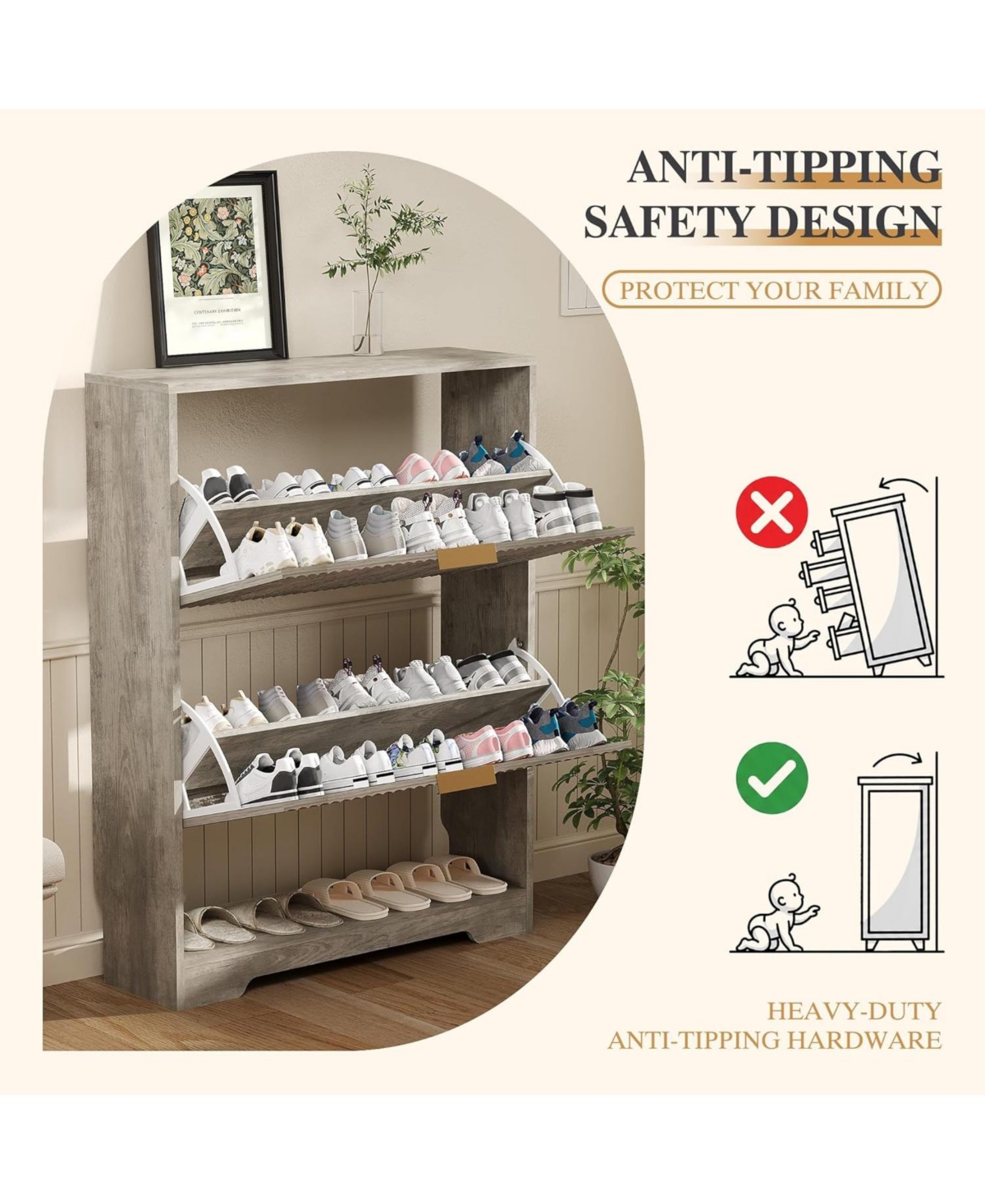 homfan Fluted Shoe Cabinet for Entryway with 2 Flip Drawers
