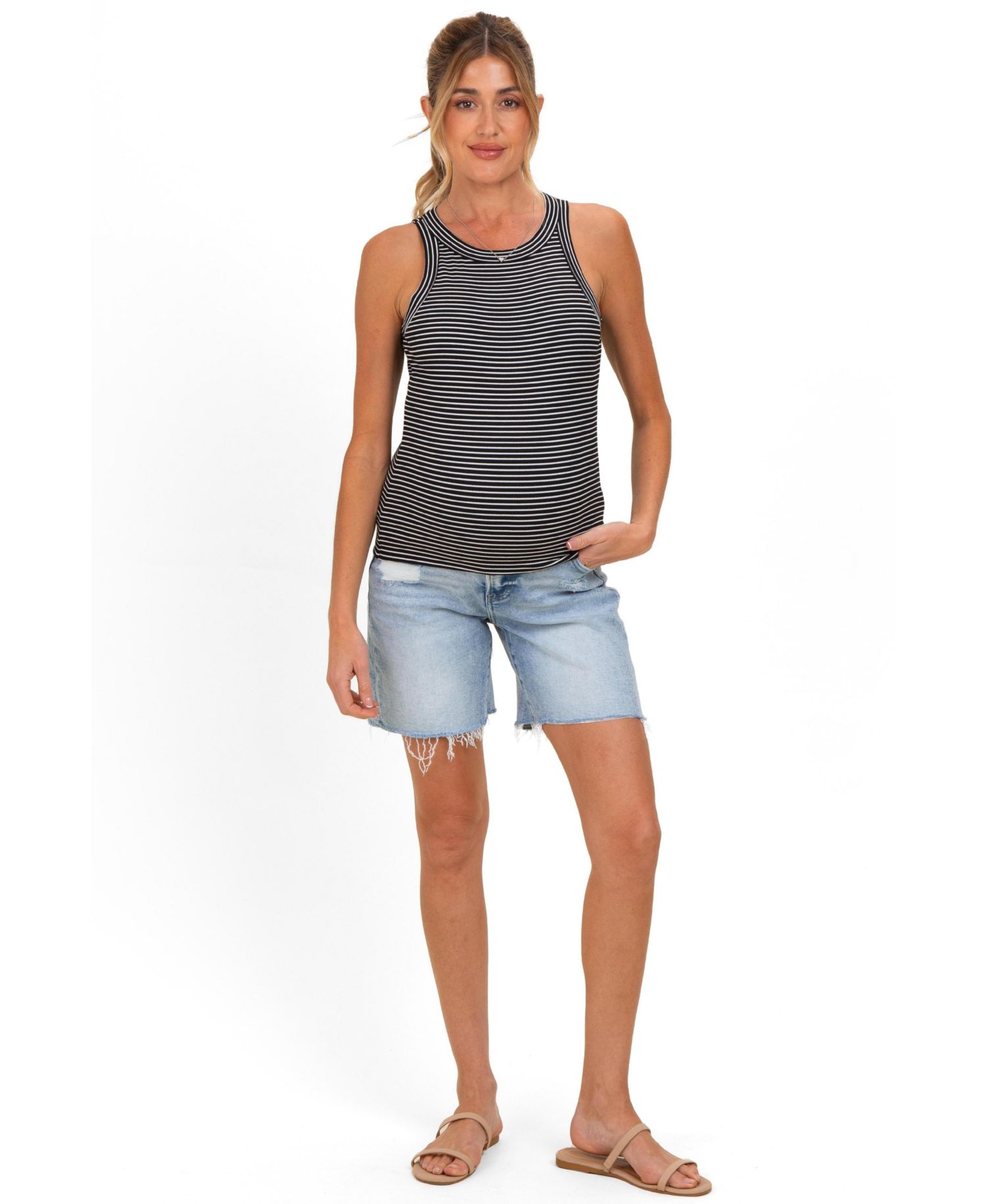 Women's Light Blue Distressed Frayed Hem Midi Jean Shorts