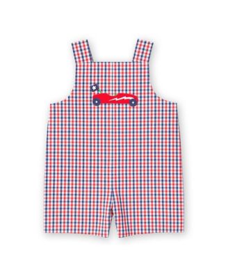 Baby Boy Plaid Seersucker Shortall With Derby Car